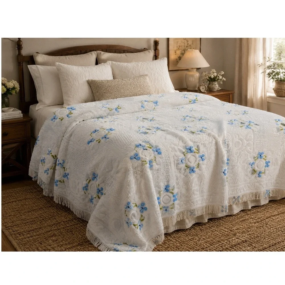 Vintage White Chenille Bedspread Blue Floral Popcorn Tufted Fringe 90x100